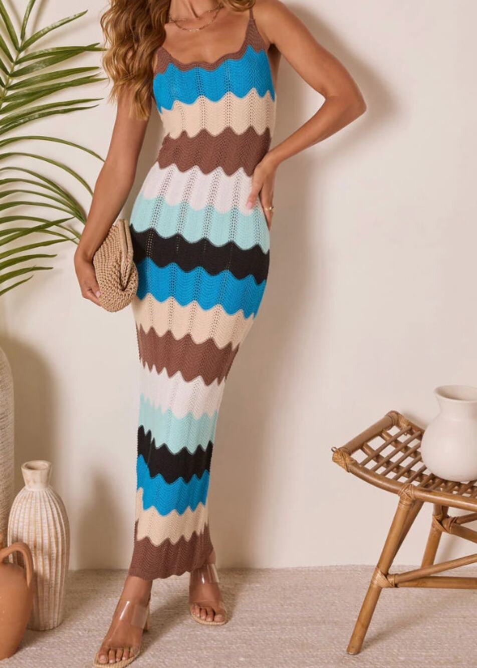VICI Meliana Zigzag Colorblock Maxi Knit Crochet Dress Cream Blue Brown Medium